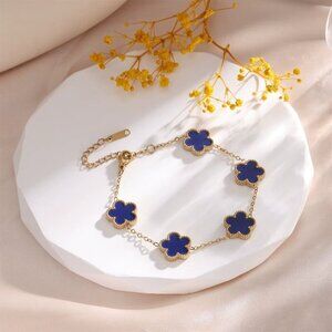 Gold-Toned Stainless Steel Blue Flower Motif Bracelet